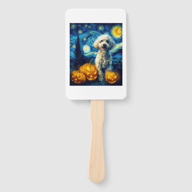 Cute Poodle Dog Halloween Jack O Lantern Pumpkin F Hand Fan (Front)