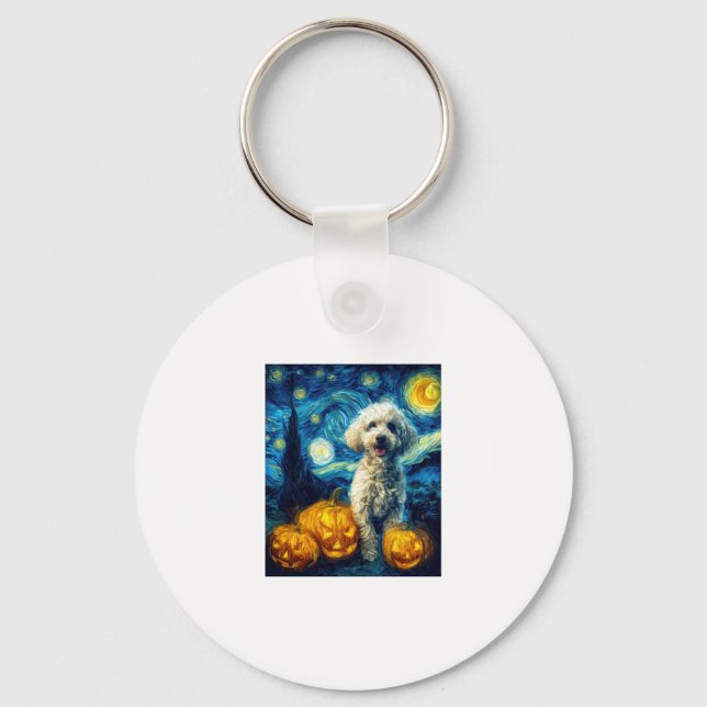 Cute Poodle Dog Halloween Jack O Lantern Pumpkin F Keychain (Front)
