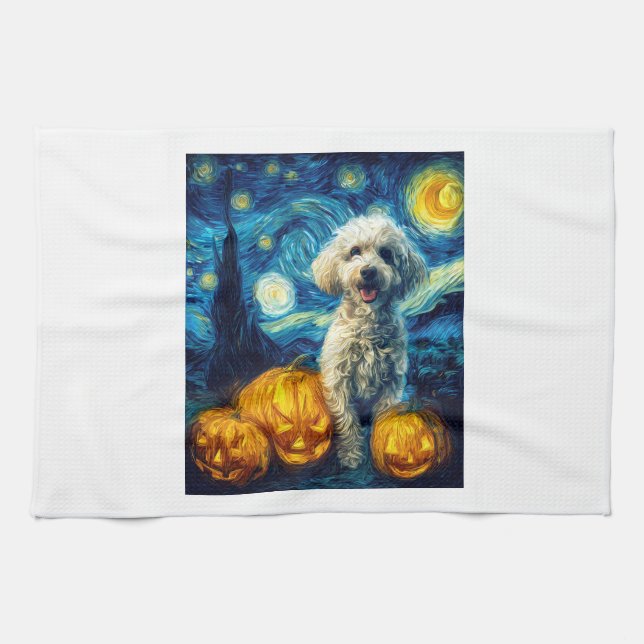 Cute Poodle Dog Halloween Jack O Lantern Pumpkin F Kitchen Towel (Horizontal)