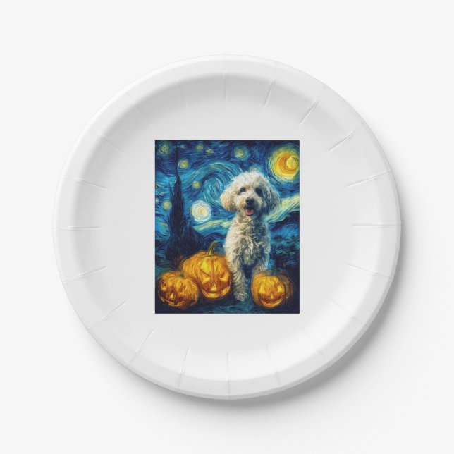 Cute Poodle Dog Halloween Jack O Lantern Pumpkin F Paper Plate (Front)