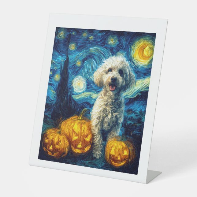 Cute Poodle Dog Halloween Jack O Lantern Pumpkin F Pedestal Sign (Front)
