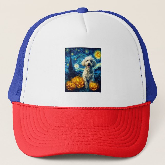 Cute Poodle Dog Halloween Jack O Lantern Pumpkin F Trucker Hat (Front)