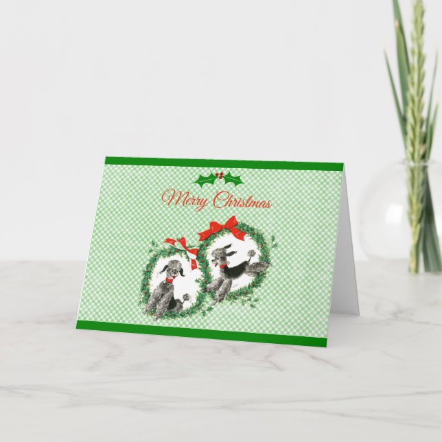 Cute Poodle Dogs Animal Pets Merry Christmas Holly Card (Front)