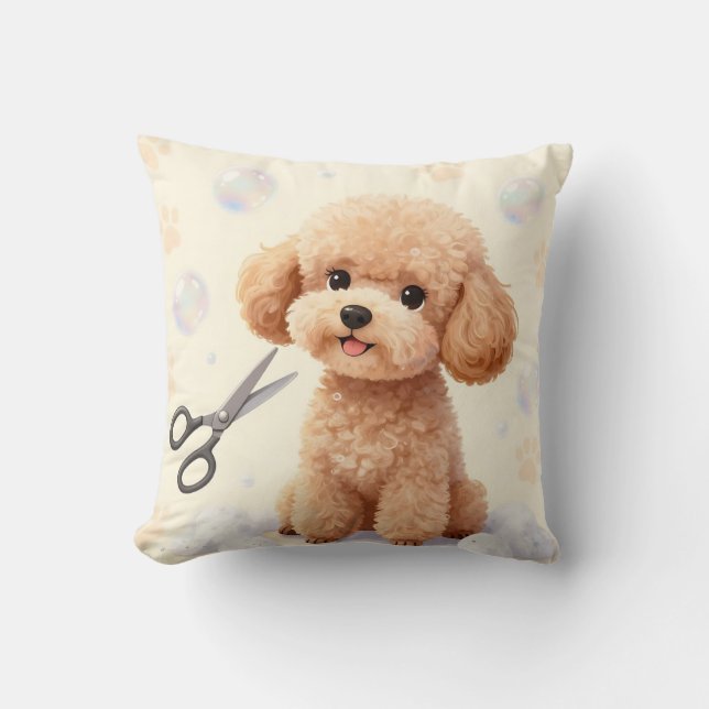 Cute Poodle Grooming Bubbles Scissors  Throw Pillow (Front)