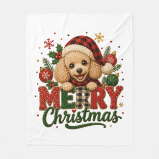 Cute Poodle Merry Christmas Fleece Blanket