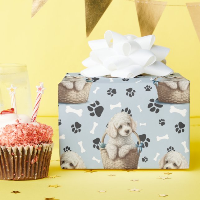 Cute Poodle Puppy in Basket Paw Print  Wrapping Paper (Birthday Party)
