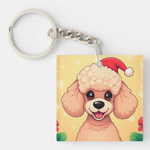 Cute Poodle Puppy in Christmas Scene with Gifts Keychain