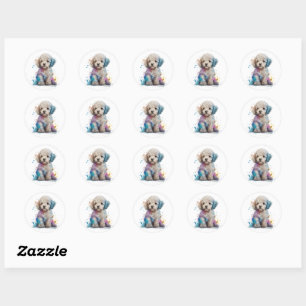 Cute Poodle Puppy Watercolor Art Classic Round Sticker