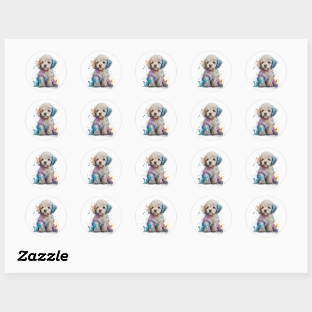Cute Poodle Puppy Watercolor Art Classic Round Sticker (Sheet)