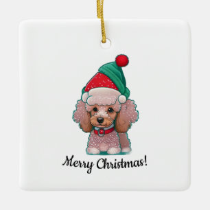 Cute poodle with Christmas Hat  Ceramic Ornament
