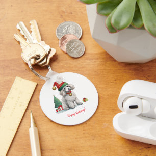 Cute poodle with Christmas hat Keychain