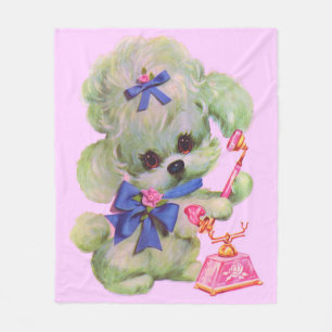 cute poodle with pink telephone fleece blanket