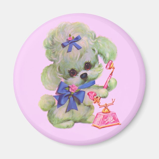 cute poodle with pink telephone magnet (Front)