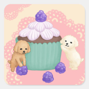 Cute Poodles and Cupcake Illustration Art Square Sticker