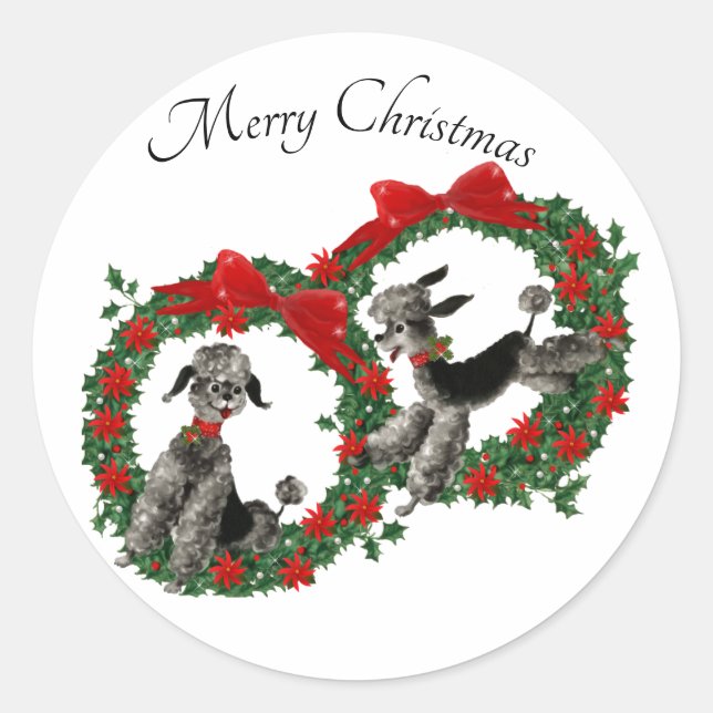 Cute Poodles in Christmas Holly Wreaths Classic Round Sticker (Front)