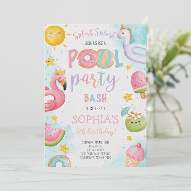Cute Pool Party Birthday Bash  Invitation (Standing Front)