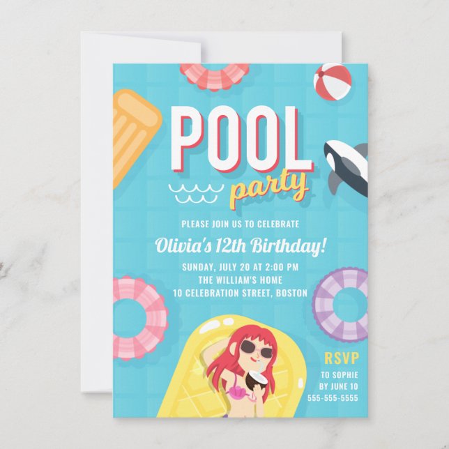 Cute Pool Party Birthday Invitation | Blue Purple (Front)