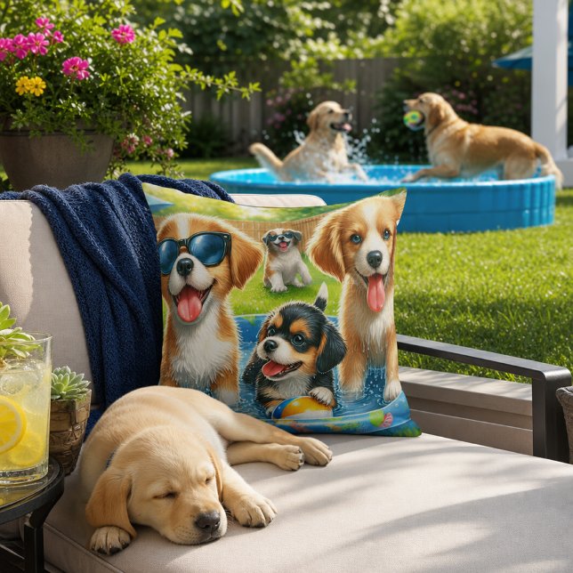 Cute Pool Party Dog Lovers  Outdoor Pillow (Creator Uploaded)