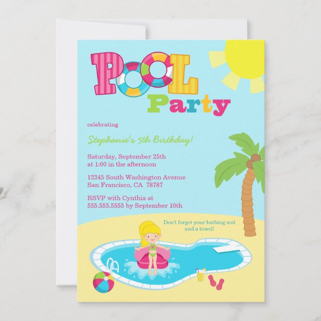 Cute pool party girls birthday party invitation (Front)