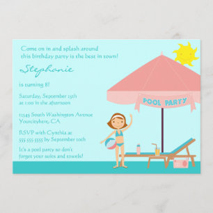 Cute pool party girl's birthday party invitation