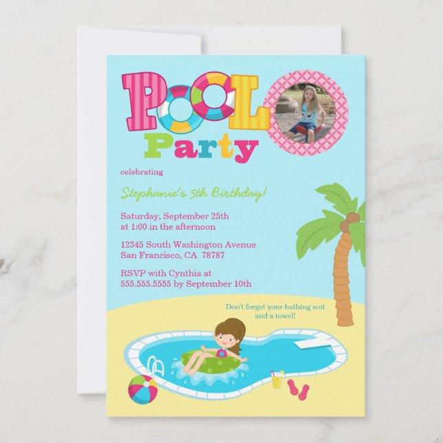 Cute pool party girls photo birthday party invite (Front)