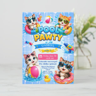 Cute Pool Pawty Cat Kids Birthday Invitation