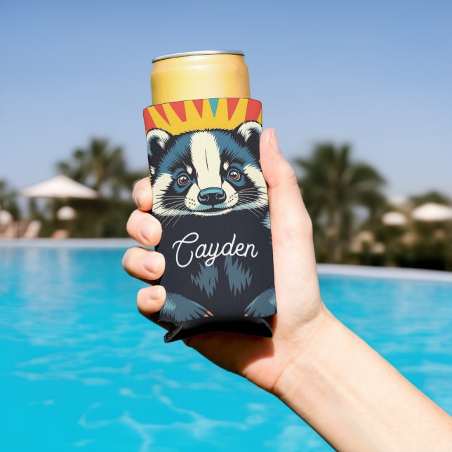 Cute Pop Art Badger Personalized Seltzer Can Cooler (In Situ Pool)