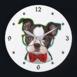 Cute Pop Art Hipster Boston Terrier Dog Large Clock<br><div class="desc">A cute Boston Terrier pup wears red glasses and a red bow tie at the center of this clock. A gradient green and blue border gives him a retro pop art look. The black numbers and paw print markers on the white background make the clock easy to read.</div>