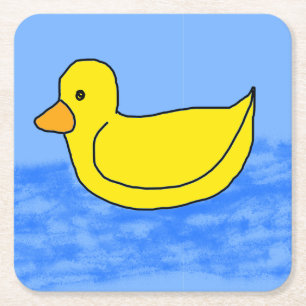 Cute Popcorn Anime Yellow Ducky Blue Waves Square Paper Coaster