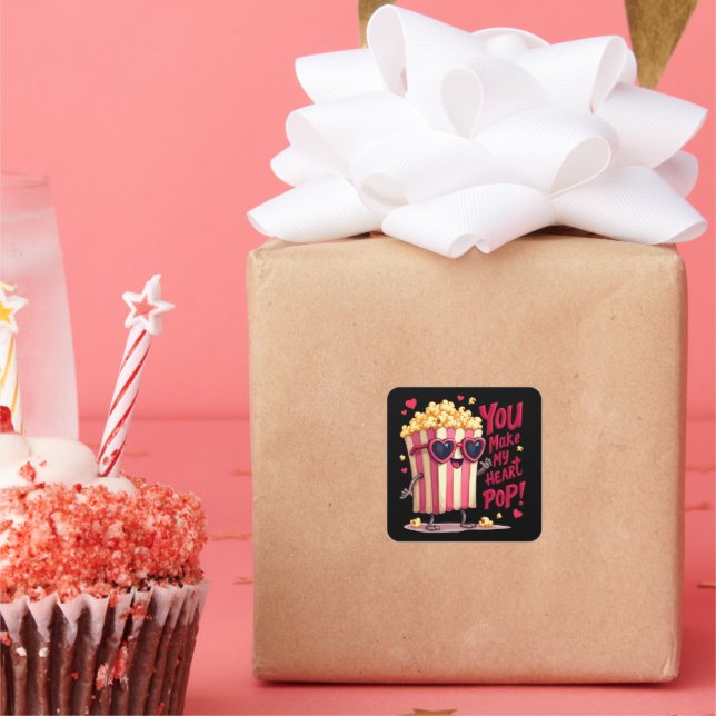 Cute Popcorn Valentine You Make My Heart Pop! Square Sticker (Party)