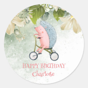 Cute porcupine bike Safari jungle Birthday party Classic Round Sticker