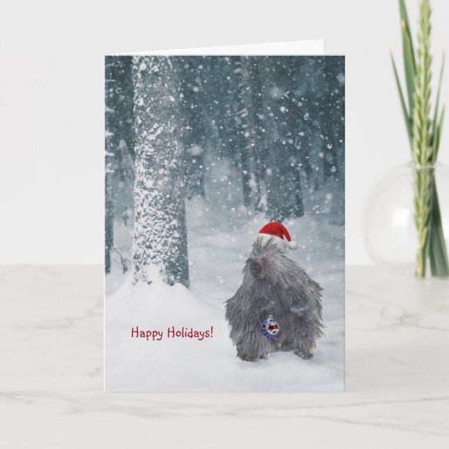 Cute porcupine dans une carte de vacances enneigée (Devant)