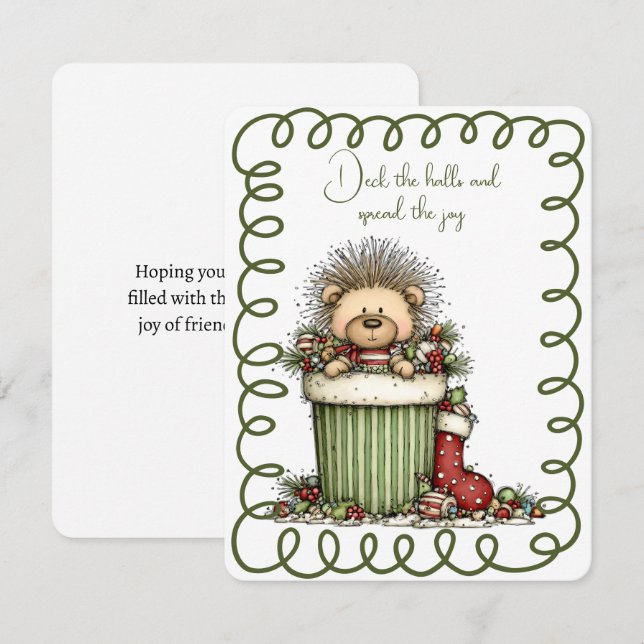 Cute Porcupine In a Box of Decorations Holiday Card (Front/Back)