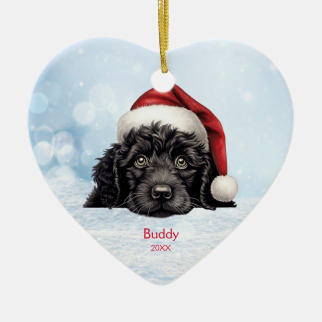 Cute Portuguese Water Dog Santa Hat Personalized  Ceramic Ornament (Front)