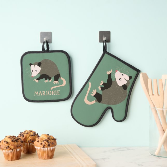 Cute Possum on Green Personalized Oven Mitt & Pot Holder Set (Insitu(Hanging))