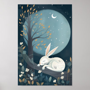Cute poster of a rabbit sleeping under the Moon
