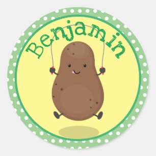Cute potato skipping rope cartoon illustration classic round sticker