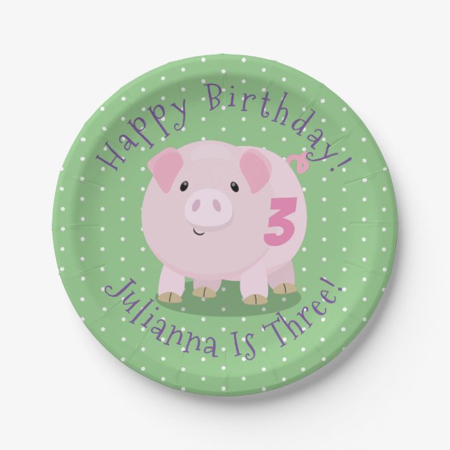 Cute potbelly pig cartoon personalized birthday paper plate (Front)