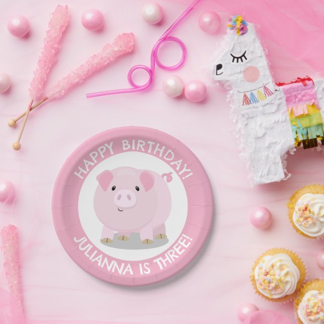 Cute potbelly pig cartoon personalized birthday paper plate (Party)