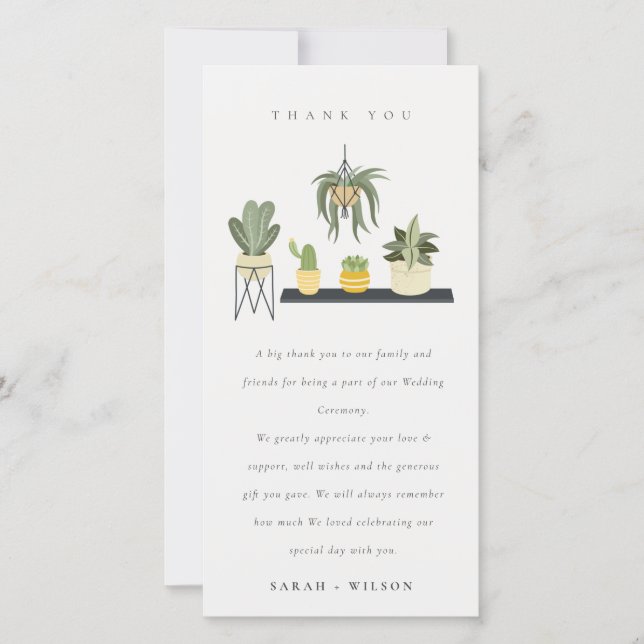 Cute Potted Leafy Succulent Plants Foliage Wedding Thank You Card (Front)