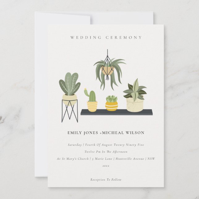 Cute Potted Leafy Succulent Plants Wedding Invitation (Front)