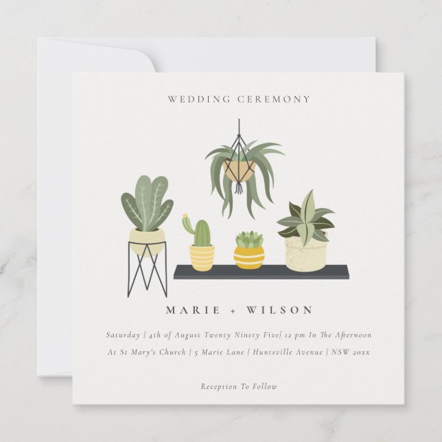 Cute Potted Leafy Succulent Plants Wedding Invitation (Front)