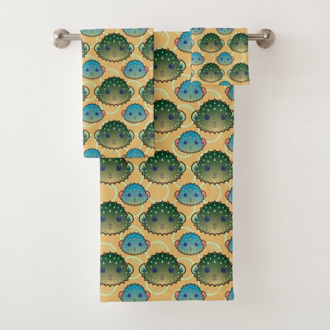 Cute Pouty Pufferfish - Editable BG Colour Bath Towel Set (Insitu)