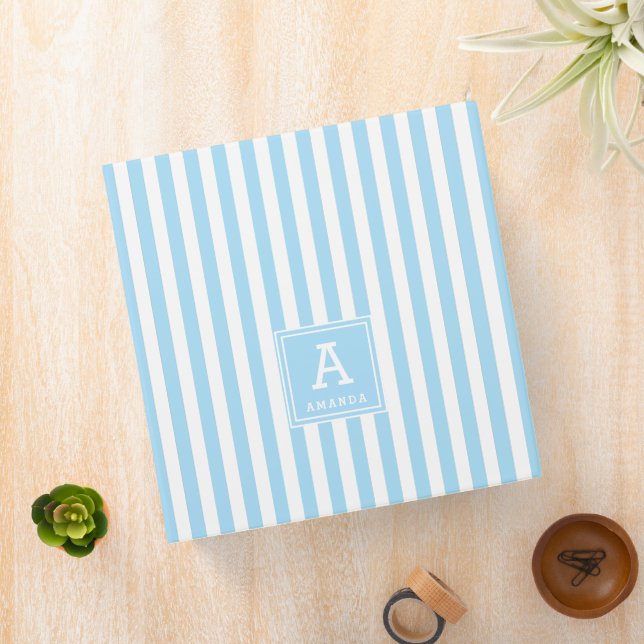 Cute Powder Blue Cabana Stripes Monogrammed Binder (In Situ)