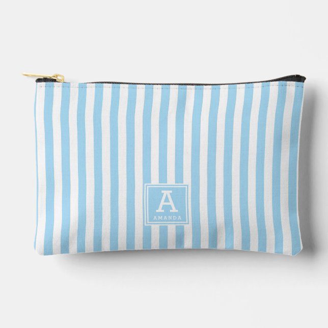 Cute Powder Blue Stripes Monogrammed Initials Accessory Pouch (Front)