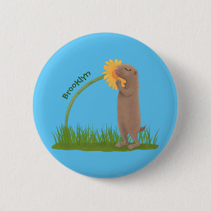 Cute prairie dog sniffing flower cartoon 2 inch round button