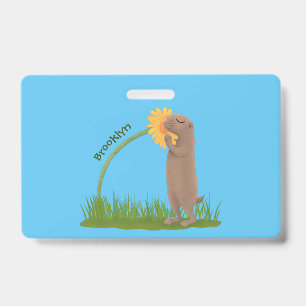 Cute prairie dog sniffing flower cartoon badge