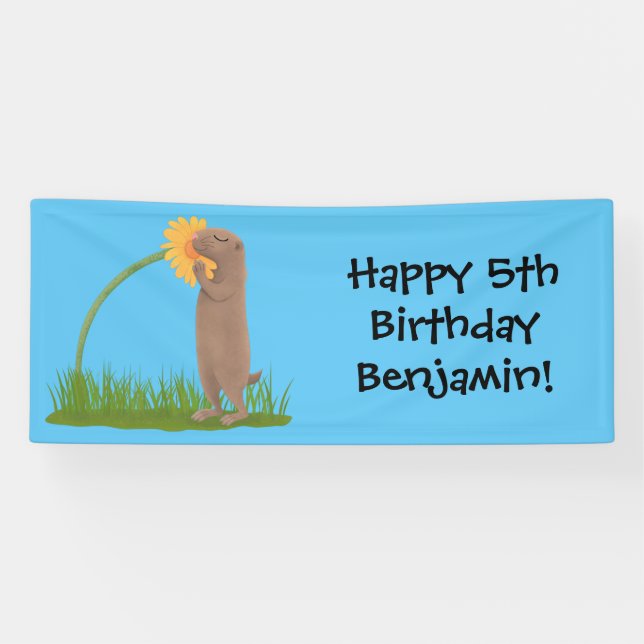Cute prairie dog sniffing flower cartoon banner (Horizontal)