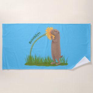 Cute prairie dog sniffing flower cartoon beach towel