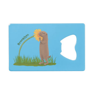 Cute prairie dog sniffing flower cartoon credit card bottle opener